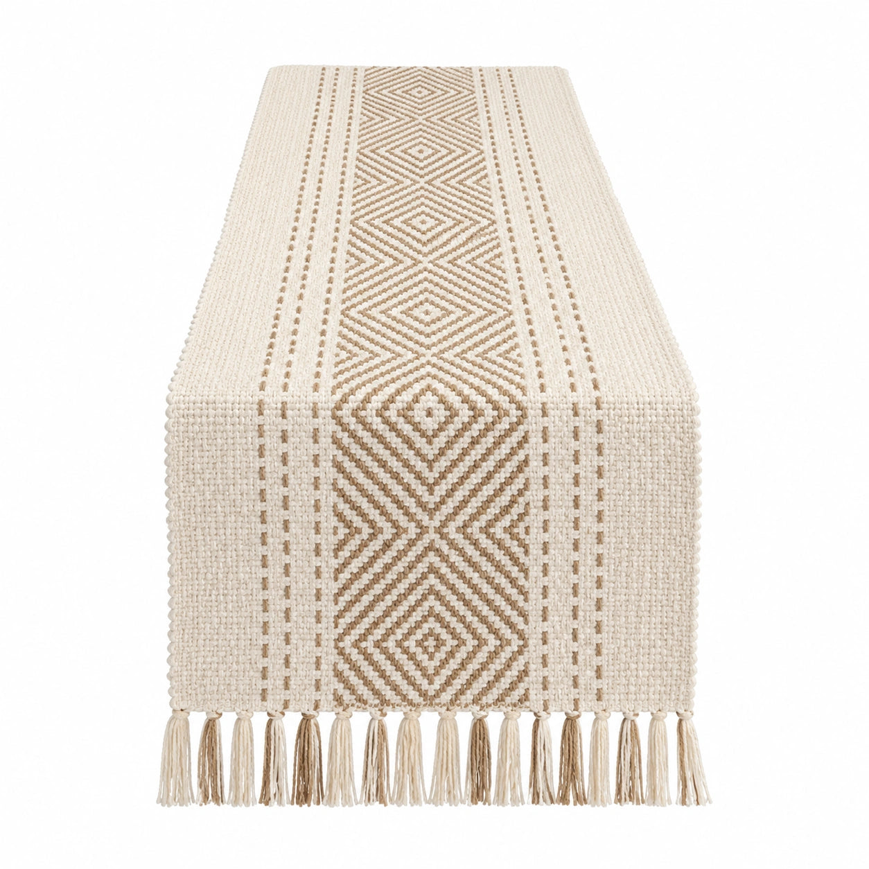 Tischläufer Beige mit Ethno-Muster, Fransen 200 cm
