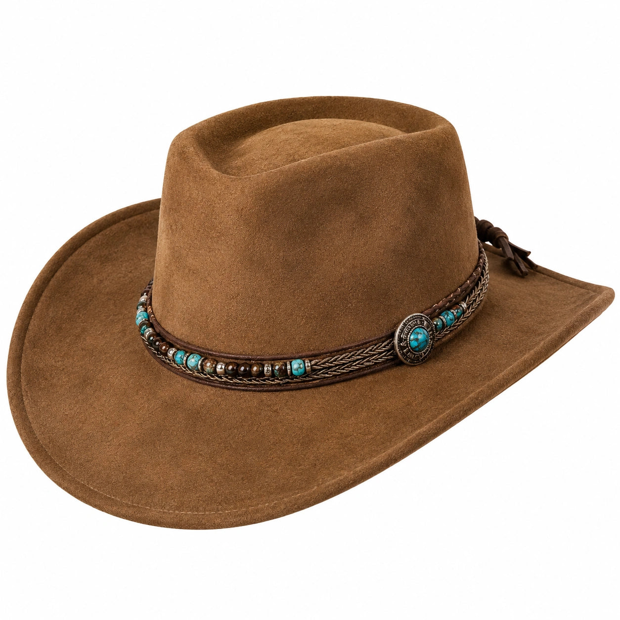 Brauner Cowboyhut mit türkisen Detailperlen