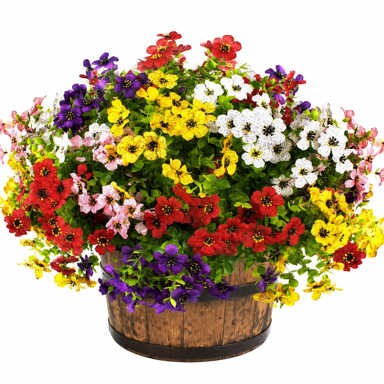 Dekorativer Kunstblumeneimer in Rot, Gelb, Weiß und Lila