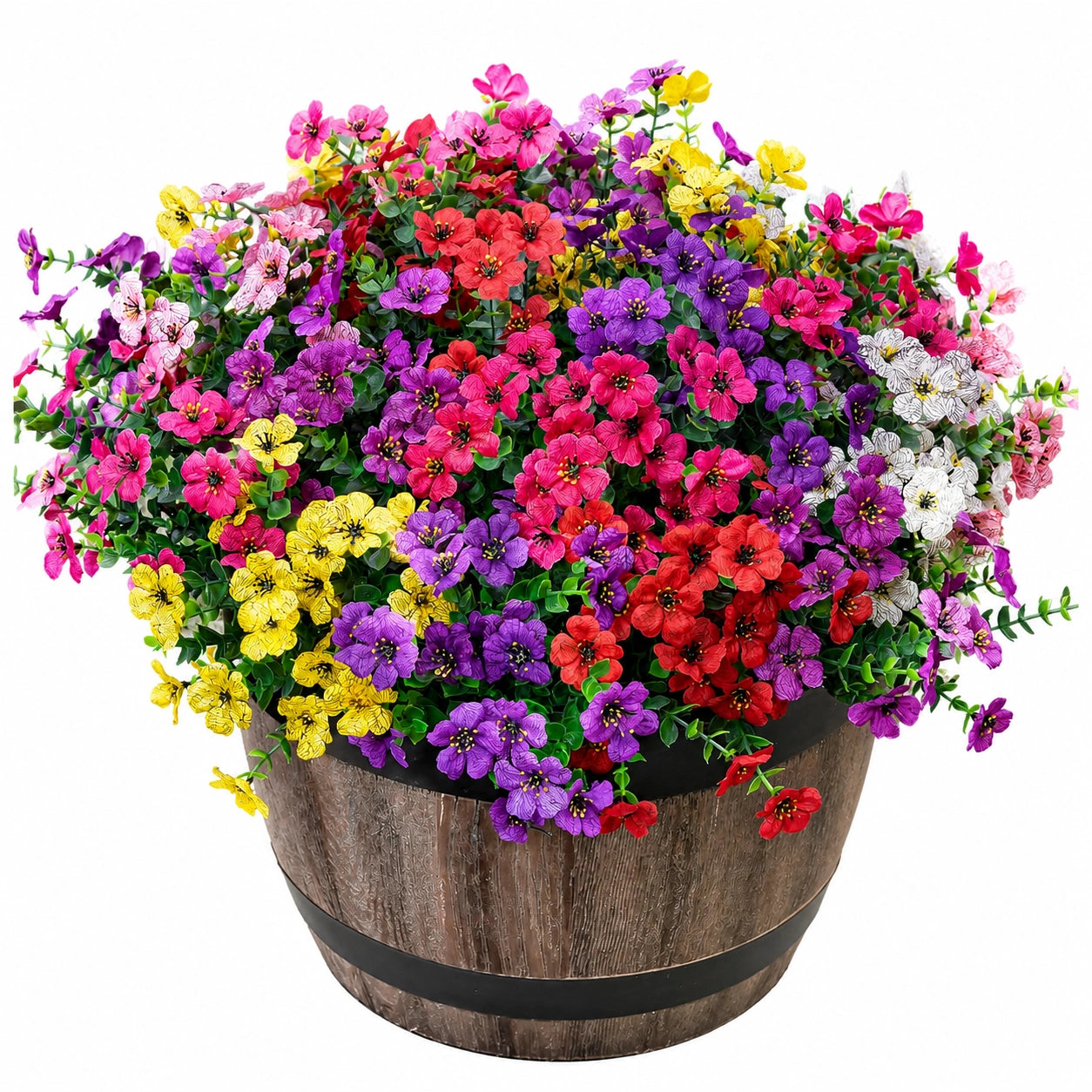 Dekorative Künstliche Blumen im Holzfass, Bunt, 30 cm