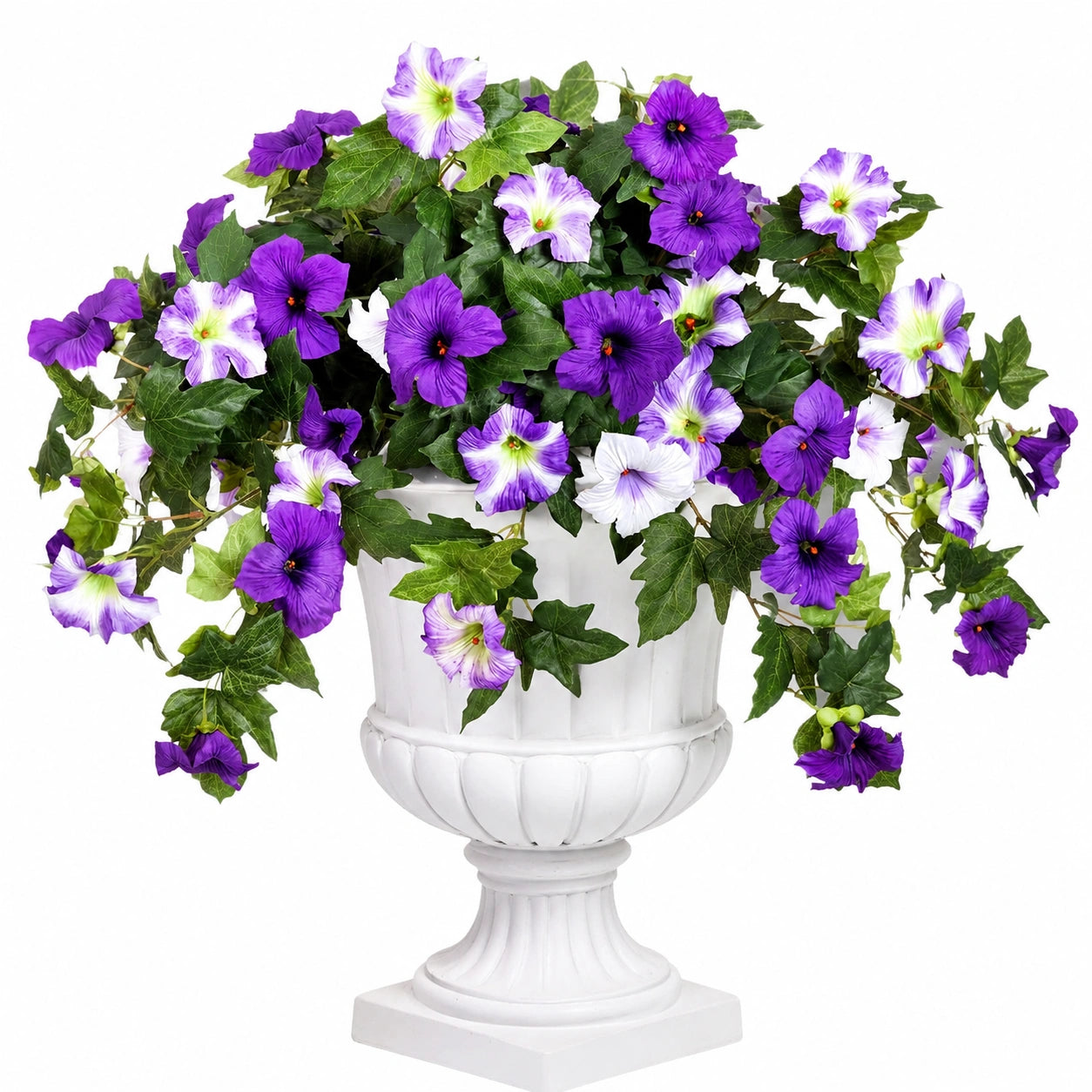 Künstliche Blumendekoration mit Petunien in Lila/Weiß
